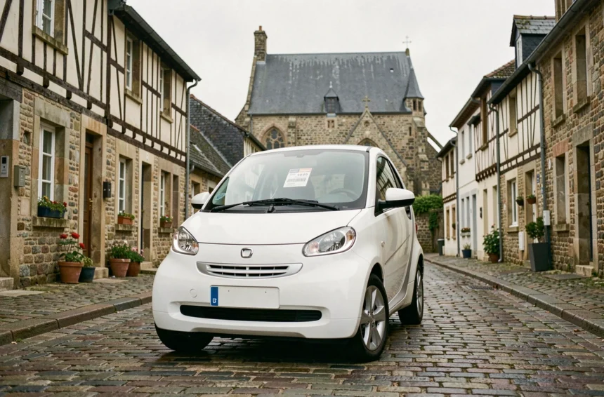 Voiture sans permis d'occasion blanche garée sur une rue pavée en Bretagne avec des façades à colombages en arrière-plan