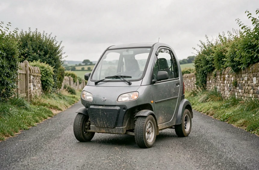 Voiture sans permis d'occasion garée sur une route rurale du Morbihan en Bretagne