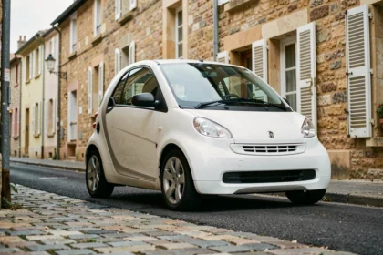 Voiture sans permis blanche garée dans une rue de village français pavée