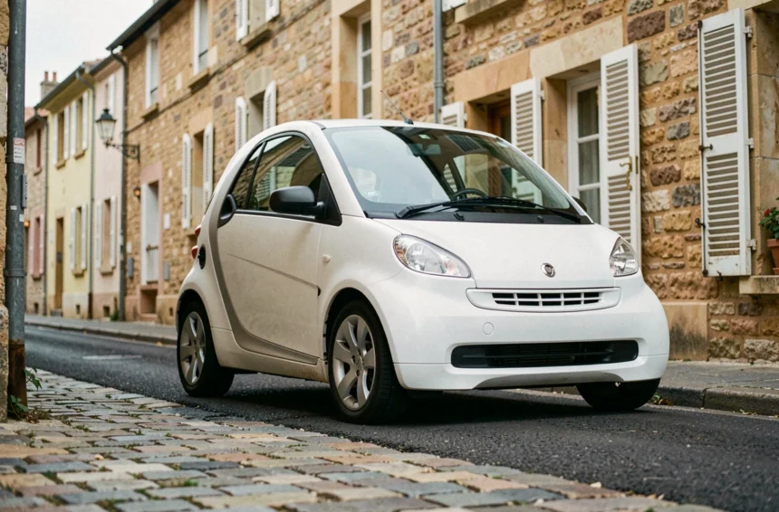 Voiture sans permis blanche garée dans une rue de village français pavée