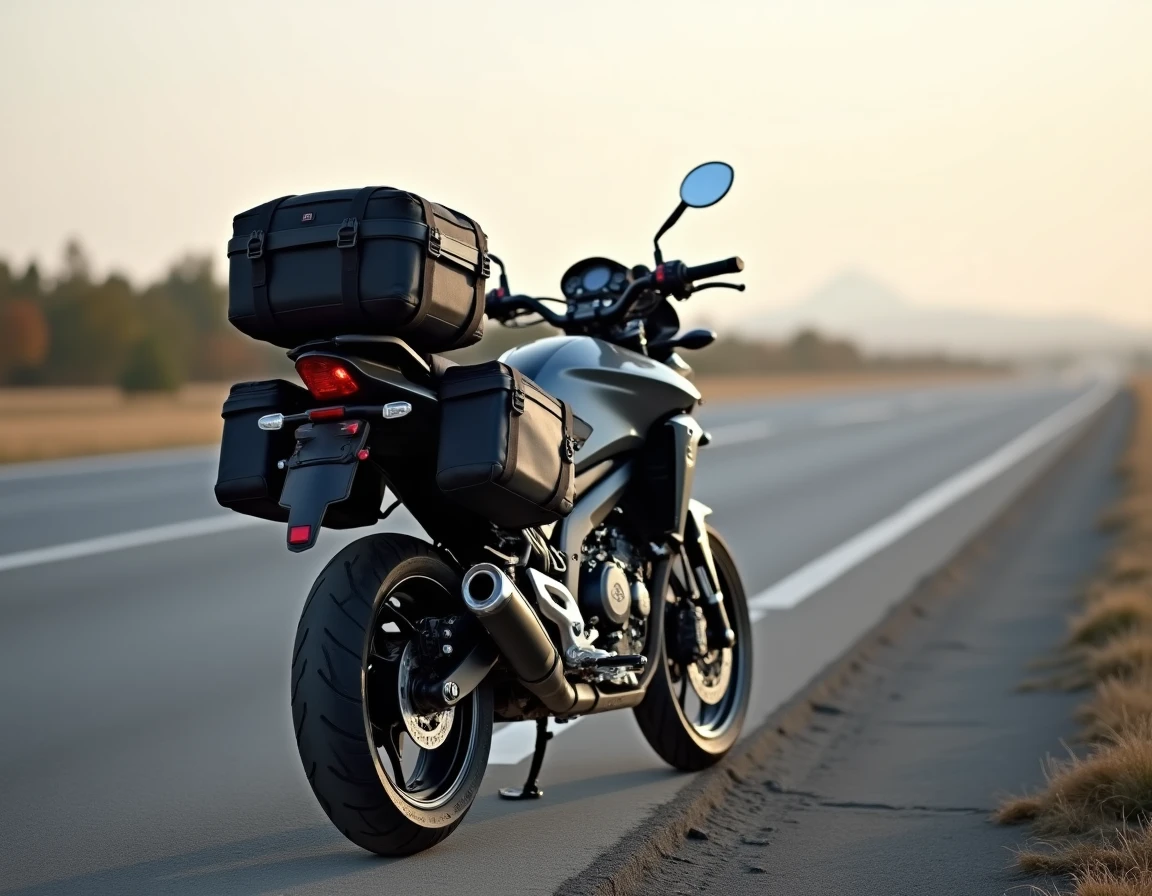 Yamaha MT-125 chargée de bagages garée sur le bord d'une route ouverte, illustrant les limites de charge de la moto