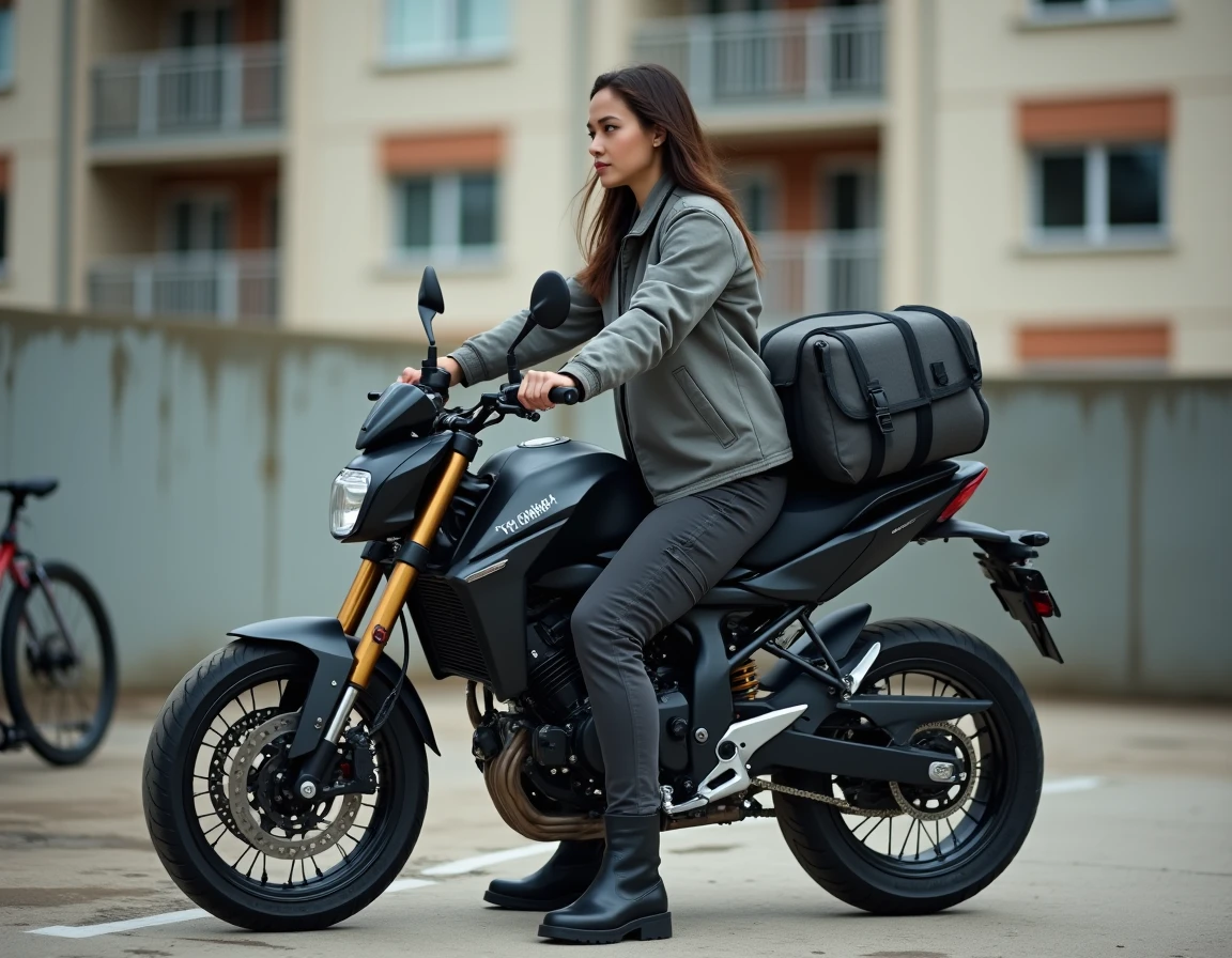 Motarde fixant des bagages sur une Yamaha MT-125 garée en milieu urbain, montrant les capacités de transport de la moto