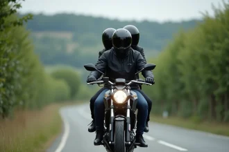 Duo de motards sur une Yamaha MT-125 sur une route de campagne française, illustrant les limites de vitesse en duo