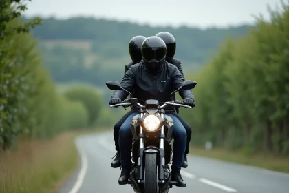 Duo de motards sur une Yamaha MT-125 sur une route de campagne française, illustrant les limites de vitesse en duo