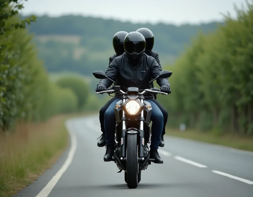 Duo de motards sur une Yamaha MT-125 sur une route de campagne française, illustrant les limites de vitesse en duo