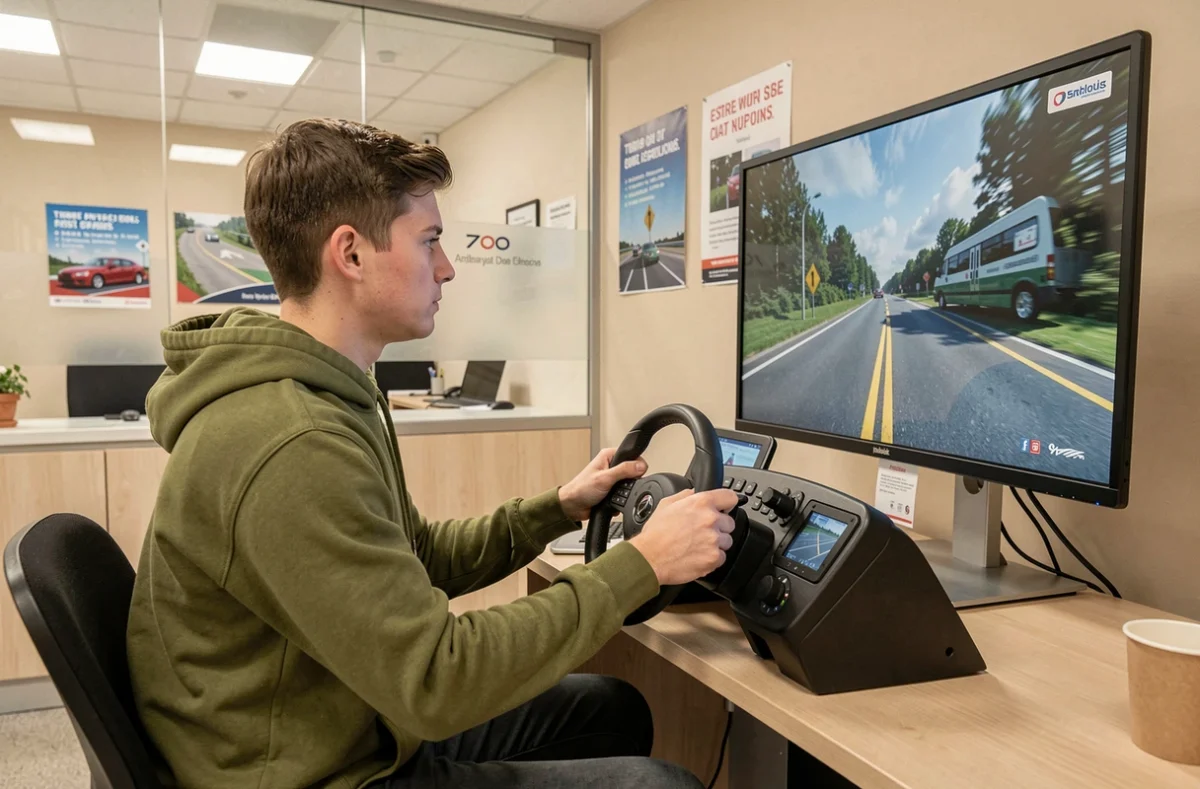 Un élève d'auto-école Zen Conduite à Étupes concentré sur un simulateur de conduite moderne dans une salle de cours claire