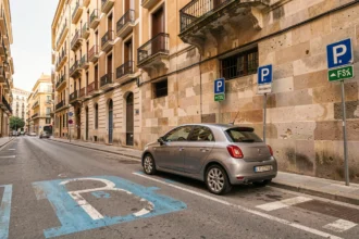 Zone de stationnement payante bleue à Barcelone avec voiture garée le long du trottoir et signalisation visible